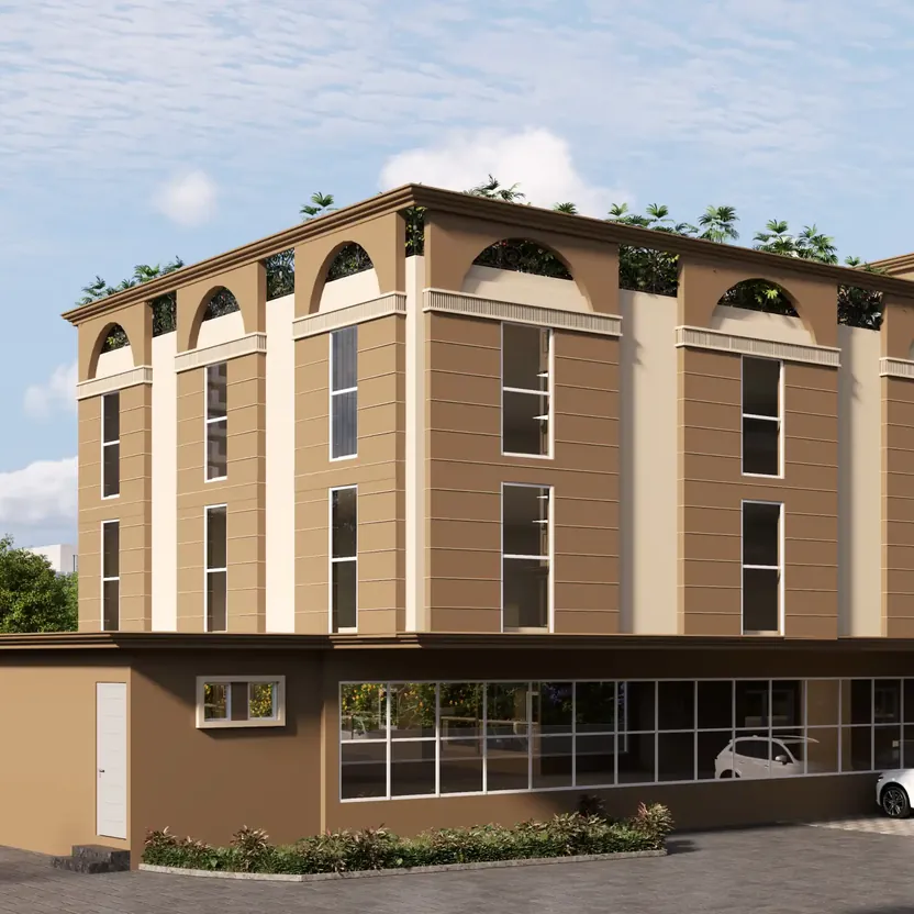A low-rise block with arched windows and a glazed ground floor at DS Max Sky Sukhino