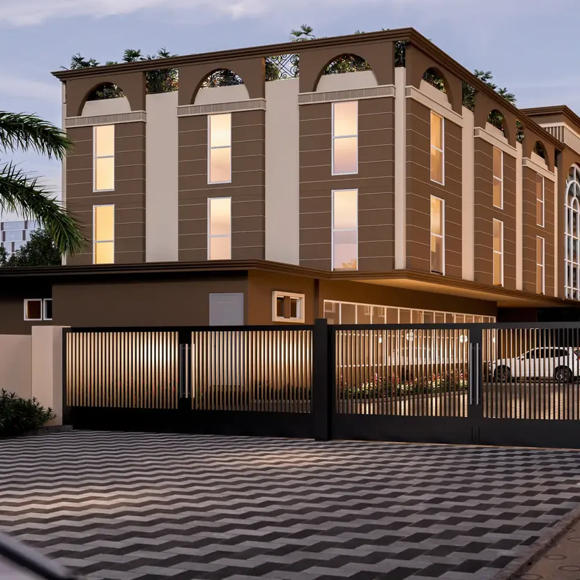 The gated entrance court and a low-rise block at DS Max Sky Sukhino