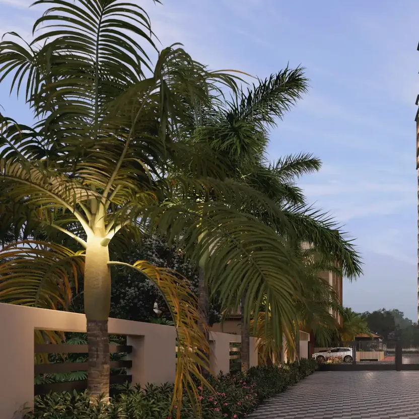 Palms lit at dusk beside the paved drive of DS Max Sky Sukhino