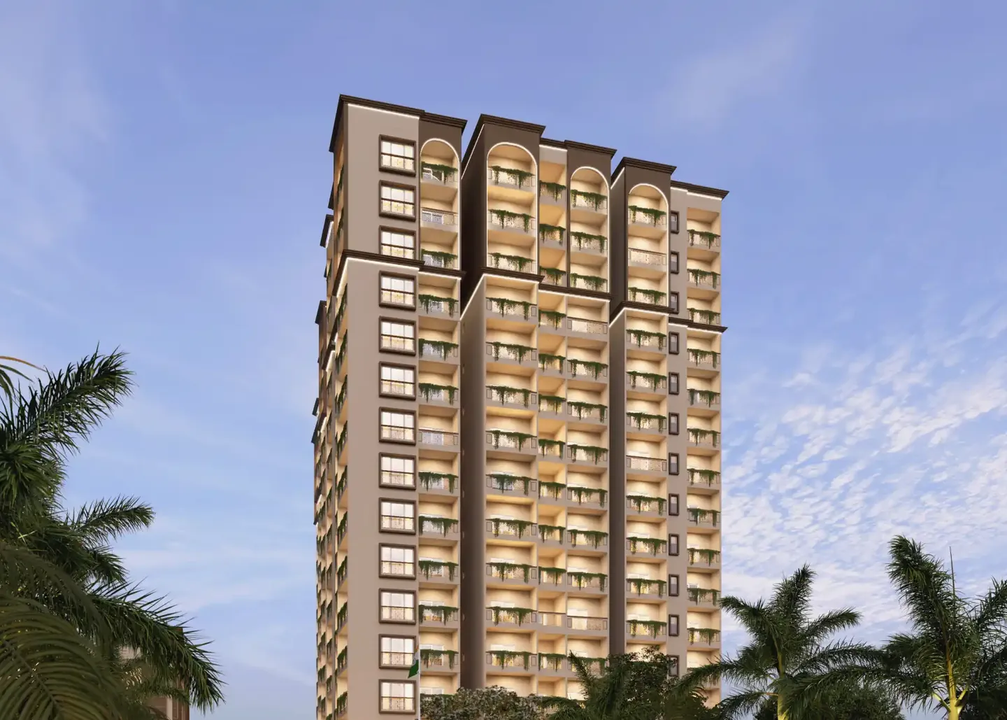 An apartment tower with arched crowns rising above palms at dusk at DS Max Sky Sukhino